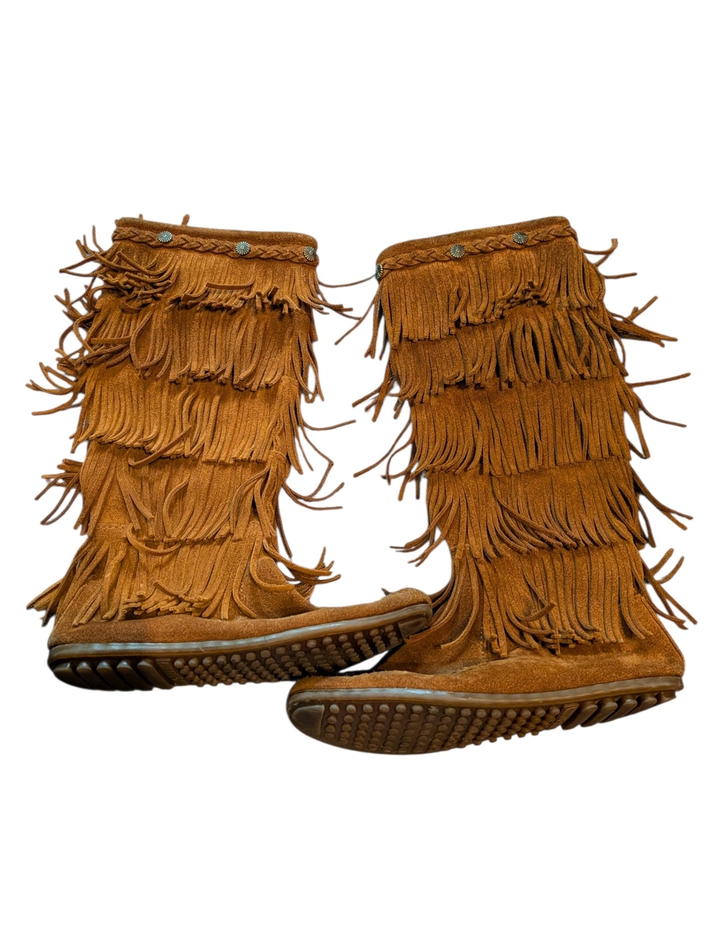 Minnetonka Chestnut Fringe Suede Knee Boots
